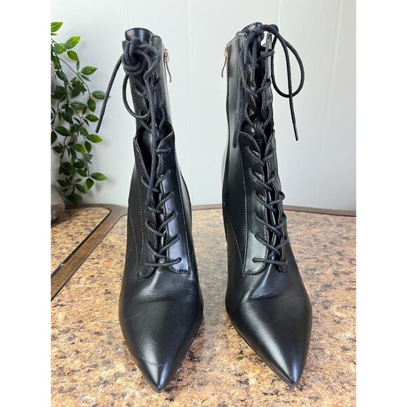 Azalea Wang Astoria Lace Up Stiletto Bootie 10 Black Faux Leather Goth Witchy - Picture 4 of 11